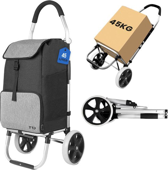 TTD® Caddie avec fonction poussette - Cadre pliable - 45L - Poches latérales spacieuses - Caddie - Imperméable - Roues tout-terrain - Caddie