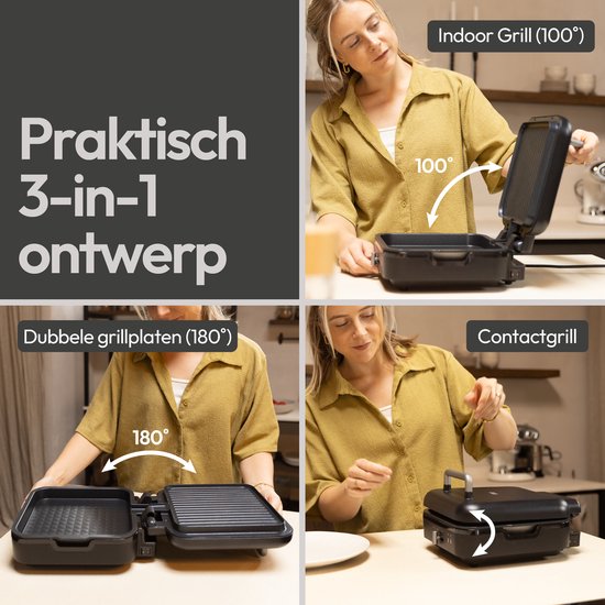 Grill de table Gadgy pivotant à 180° – 3-en-1 – Grill de table et appareil à panini – 1 400 W – Avec plaque antiadhésive amovible et structure rabattable – Régulateur de température – Cuisson allégée en matières grasses – Cooltouch