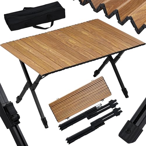 Table de camping pliable Woltu - Aluminium - Bois - 90 x 60 cm - Hauteur réglable