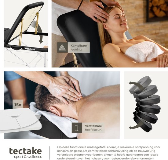 table de massage tectake® 3 Zones - Table de traitement avec sac de transport - matelas de 5 cm d'épaisseur - châssis en aluminium - largeur 78 cm - capacité de charge 230 kg - 15 appuis-tête inclus - noir