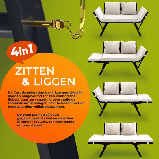 Banc de jardin Casaria Polyrattan - 176 cm réglable avec coussins - Noir