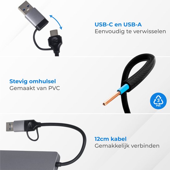 Nuvance - Hub USB C 3.0 - 5 Ports - Répartiteur USB - Station d'accueil USB C - Lecteur de carte micro SD USB C - Gris