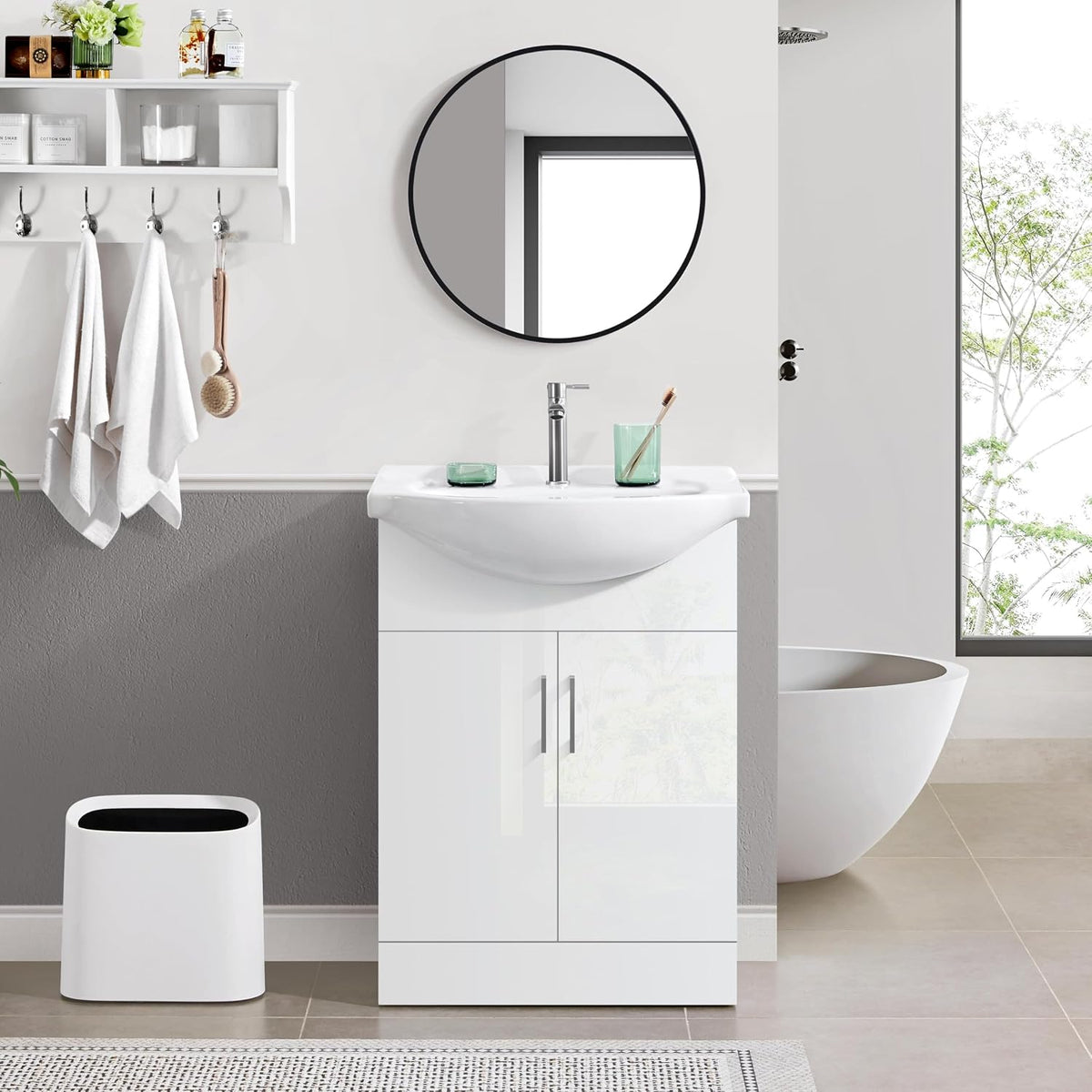Meuble de salle de bains Yaheetech avec lavabo - Blanc brillant - 61 x 43,5 x 84 cm - Meuble indépendant, lavabo en céramique