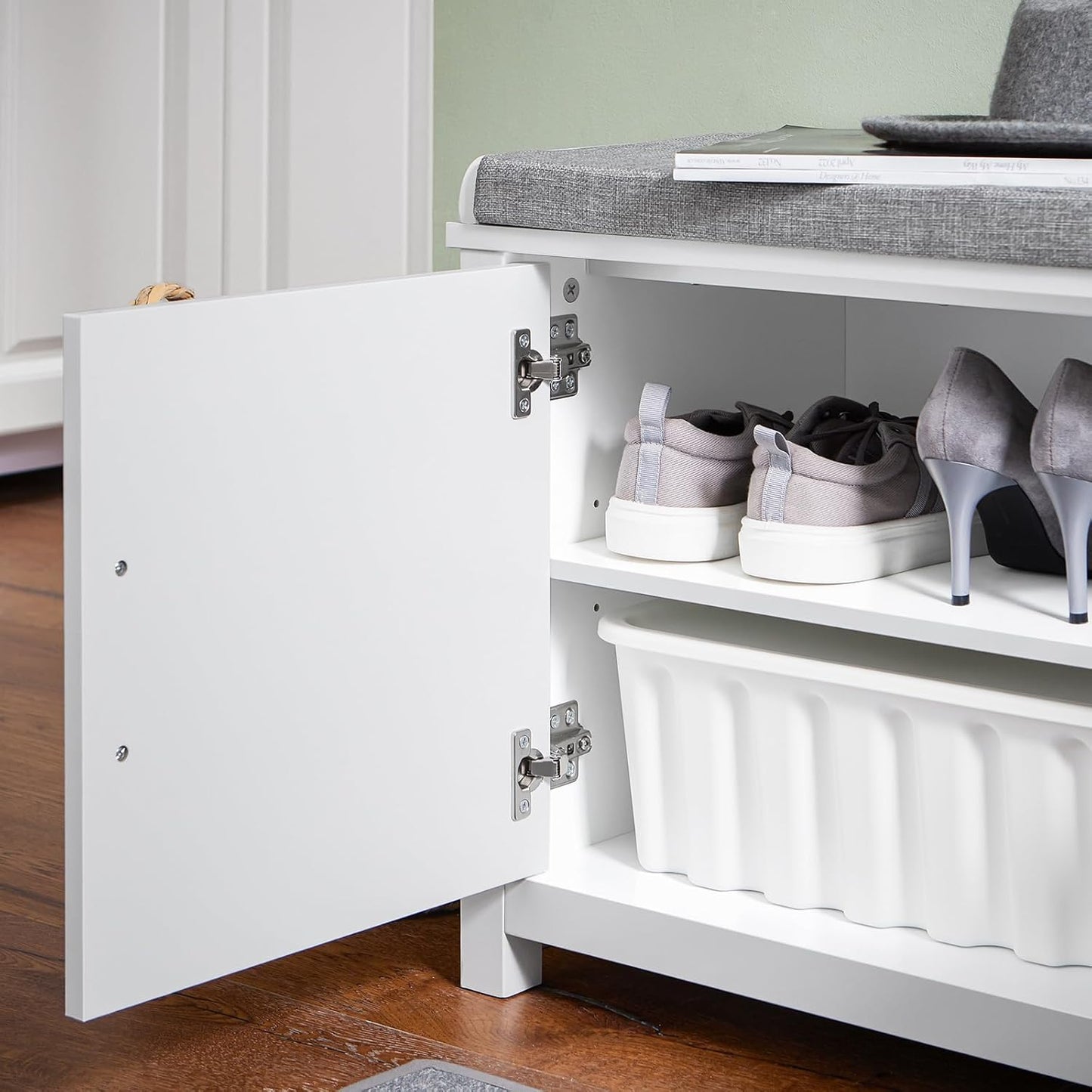 SoBuy FSR168-W Meuble à chaussures avec siège - 2 portes 2 compartiments ouverts - 105 x 35 x 51 cm - blanc