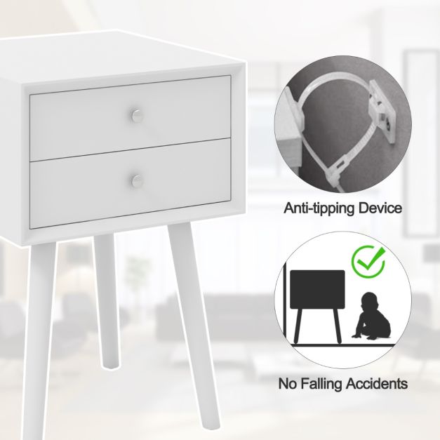 Table de chevet blanche 40x40x59.5 cm - Table d'appoint en bois avec 2 tiroirs et pieds surélevés - Coast