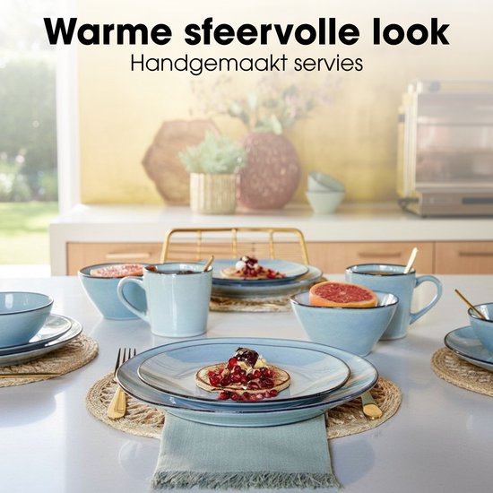 Service de table Mica Decorations Racco, 16 pièces - 4 couverts - Assiettes à petit-déjeuner, bols, tasses et assiettes à dîner - Service en grès - Service de table lavable au lave-vaisselle - Gris clair