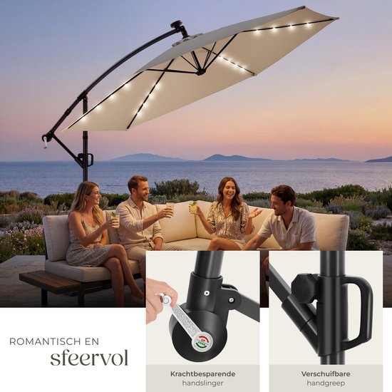 tectake® Parasol suspendu avec pied - 3 x 3 m - Parasol de jardin avec éclairage LED à énergie solaire - Orientable - Polyester hydrofuge avec protection UV - Housse incluse - Beige