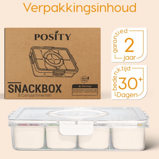 Posity Snack Box - Boîte à snacks avec compartiments - Avec couvercle et poignée - 8 compartiments - Sur le pouce - Boîte de rangement - Plastique - Blanc