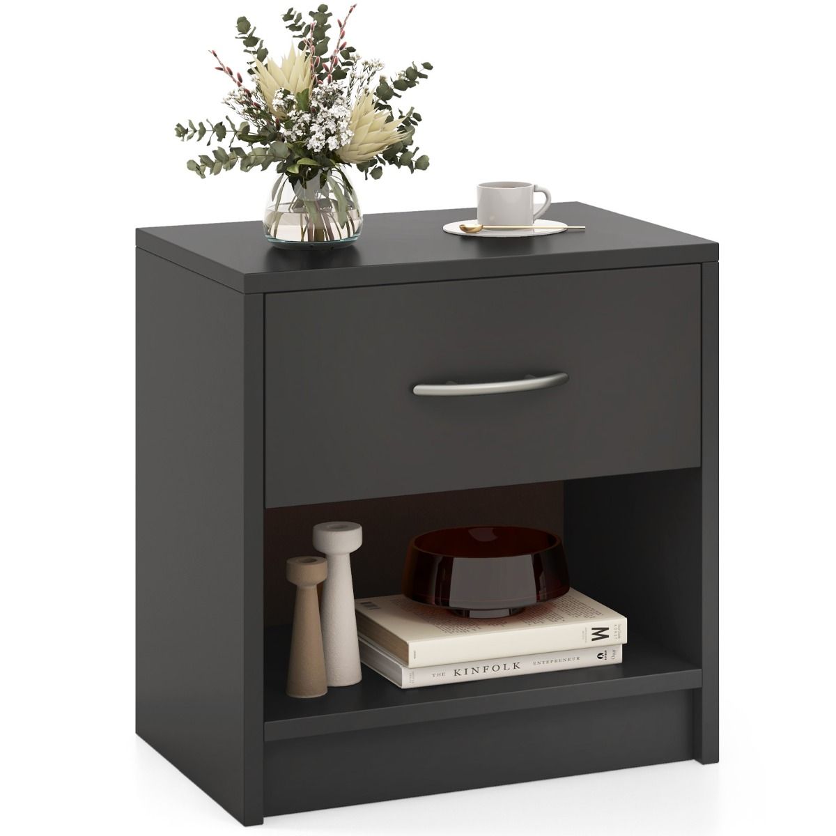 Table de chevet Coast avec tiroir - étagère de rangement ouverte - design compact - 38,5 x 28 x 40,5 cm - marron et noir