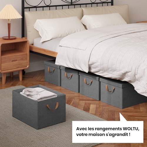 Woltu Storage Boxes Set of 5 - Grey Foldable Boxes with Lid and Handles - Fabric Storage Baskets 43 x 26 x 33 cm
