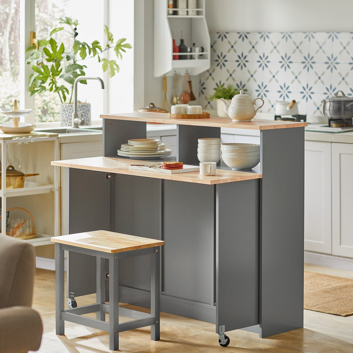 SoBuy FSB36-HG Meuble de rangement avec portes coulissantes et plan de travail extractible - 110x68x97 cm - Gris clair