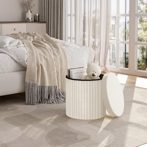 Tabouret de rangement Woltu avec couvercle - Crème velours - Ø38 x H36 cm