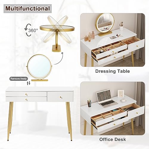 Woltu Make-up Table MB6105ws avec tabouret et miroir LED - Bureau de maquillage en bois avec éclairage réglable, 3 tiroirs, siège en velours avec dossier - blanc, crème et or - 100x40 cm