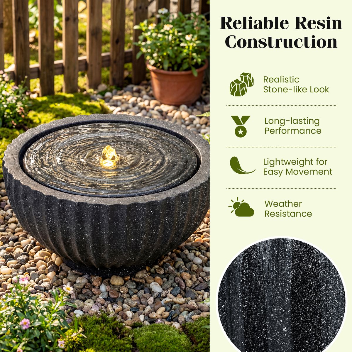 Fontaine de jardin ronde Coast - avec éclairage LED - aspect pierre - 45 x 45 x 23,5 cm - noir
