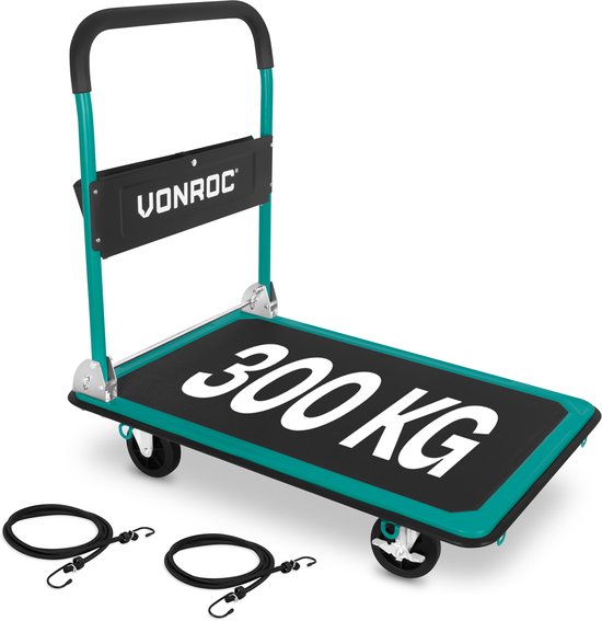 VONROC Chariot à plate-forme - pliable - capacité de charge max. 300 kg - grande plate-forme de chargement 90x60 cm - chariot de transport - avec sangles d'arrimage