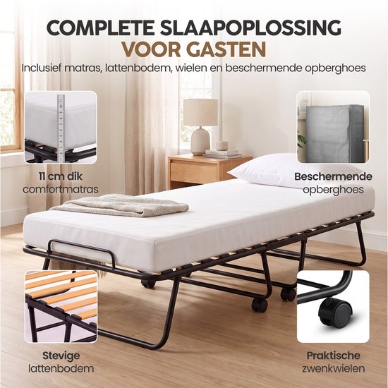 Infinity Goods Lit pliant Comfort 90 x 200 cm - Lit d'appoint - 1 personne - Lit pliant - Matelas et sommier à lattes - Housse de protection incluse