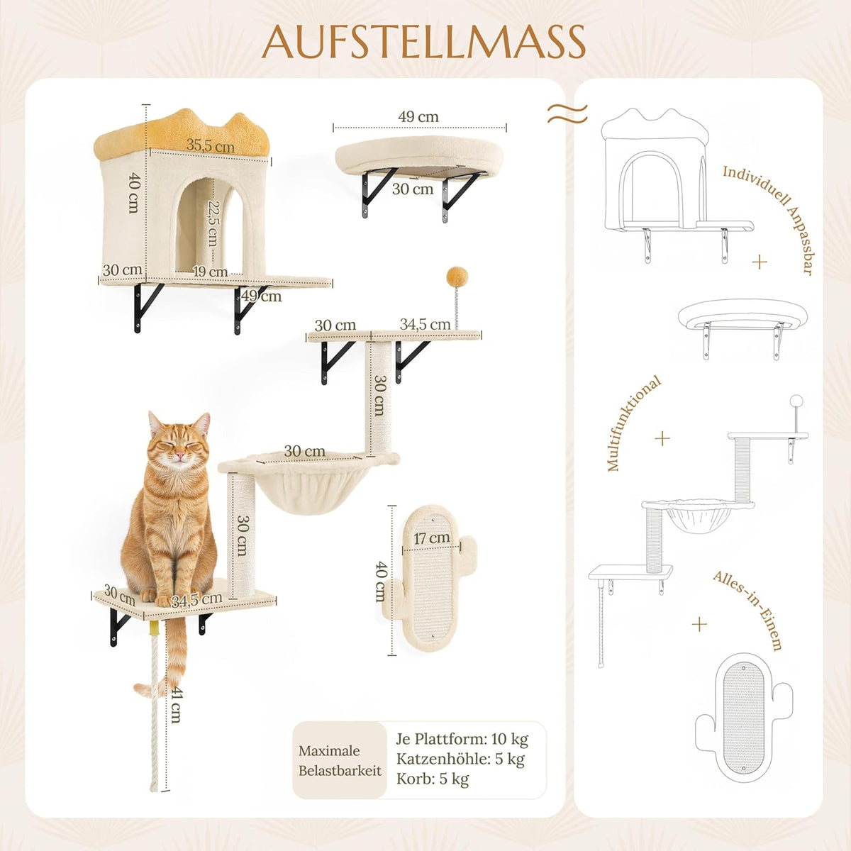 Yaheetech Mur d'escalade pour chats - 4 pièces - avec grattoir et panier - Beige