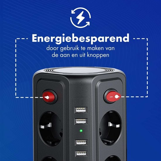 Prise avec interrupteur et USB - Boutons marche/arrêt à économie d'énergie - Bloc d'alimentation - Powercube - Noir - Câble de 3 mètres