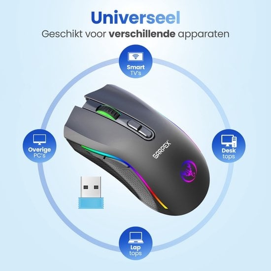 Garpex® Silent Wireless Mouse - Gaming Mouse - Computer Mouse - Mouse Wireless - With LED Lighting - Rechargeable - Black