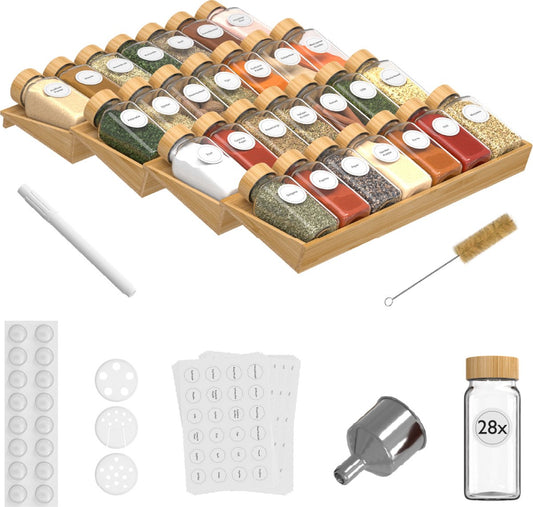 Noswo Spice Rack Drawer - With 28 Jars - Complete Set - Square - Sprinkle Lid and Labels - Spice Organiser - Kitchen Drawer Organiser - Bamboo