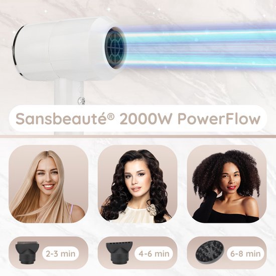 Sansbeauté® Hair Dryer with Diffuser - Ionic Hair Dryer - Brush - Travel Hair Dryer - 3 Attachments - Curls - Coolshot - 3 Stages - Hair Dryer with Diffuser - Hair Dryer - 2000W - White