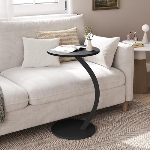 Woltu Side Table C-Shape Round - Métal noir & MDF - Ø 40 x H 65 cm - Compact et industriel
