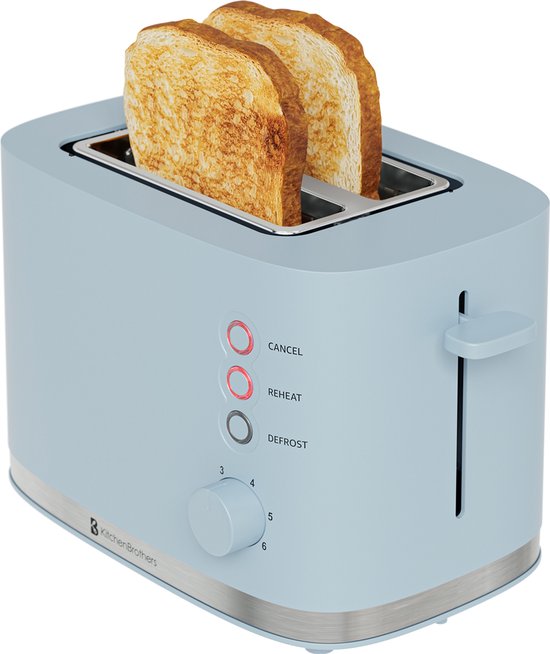 KitchenBrothers Toaster - Grille-pain - 6 niveaux de chaleur réglables - 2 fentes extra-larges - 870W - Bleu pastel