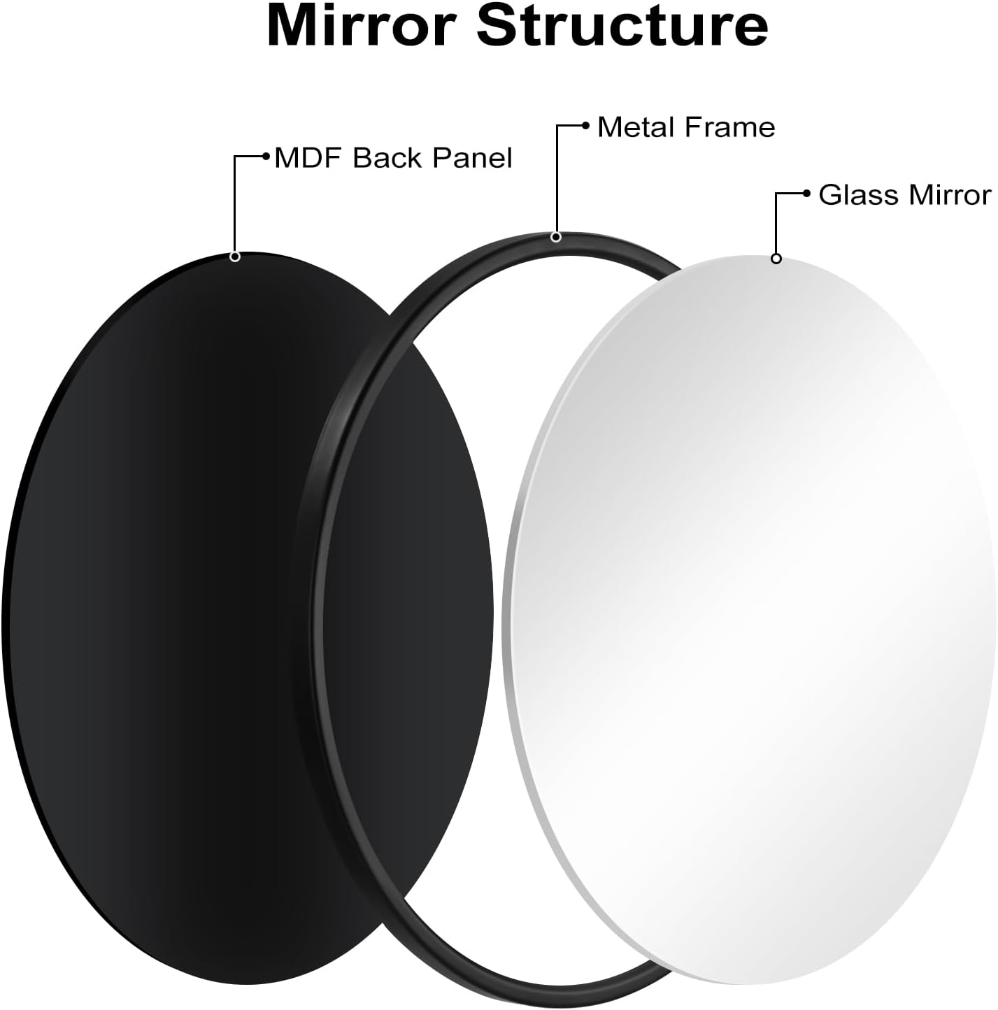 Woltu Miroir mural rond Ø 50 cm - Cadre en métal noir - Miroir décoratif moderne pour la salle de bain, la chambre, le couloir et le salon