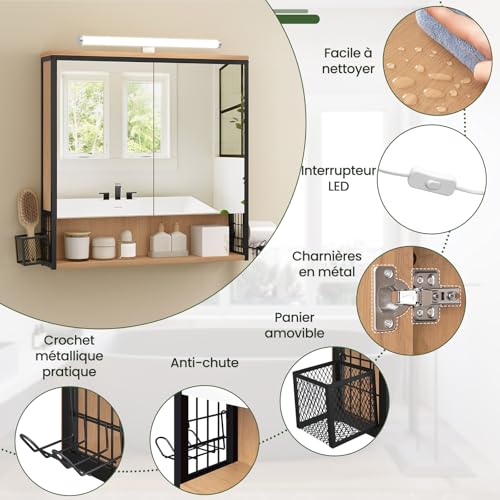 Eugad Armoire de toilette avec miroir LED chêne noir 70 x 14,5 x 70 cm