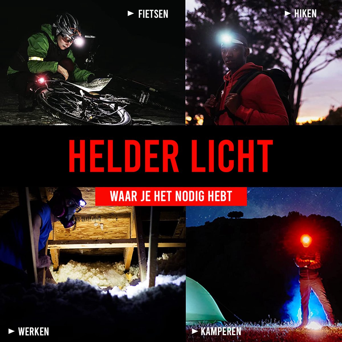 Podec® Military Headlamp - IPX4 Waterproof - Lampe frontale LED légère avec lumière blanche et rouge - 7 modes d'éclairage - réglable - Outdoor & Survival - 50m Range