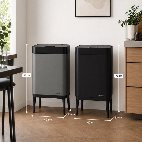 Poubelle avec compartiment de 60 litres - Avec anneaux de tri sélectif 2x 30 litres - Acier inoxydable - Noir - 42x33x76 cm - STAUS&BACH Nuvio