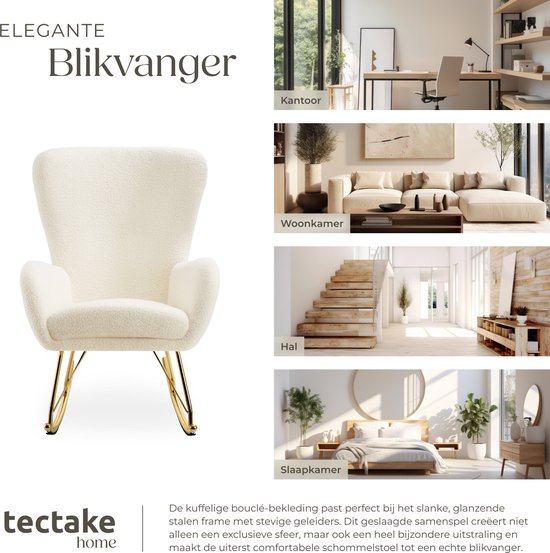 tectake® Swing Rocking Chair - Fauteuil Bouclé tapissé avec patins en acier et coussin d'assise extra épais - Design scandinave, facile d'entretien et ergonomique - crème/doré
