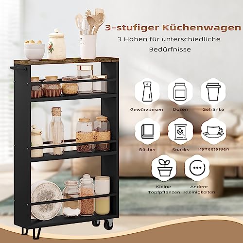Woltu Kitchen Trolley with 3 Levels - étagère de cuisine en bois avec roues et poignée - Vintage Brown Black - 47 x 80 x 13 cm