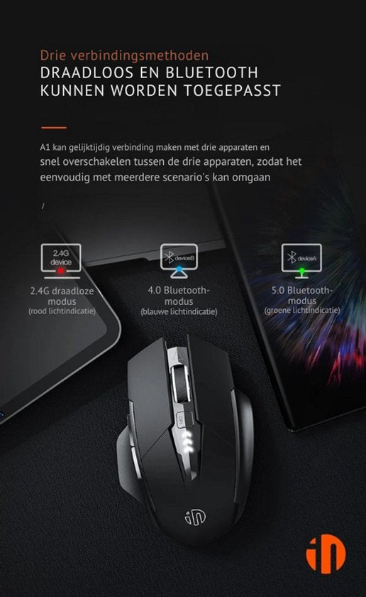 Souris de jeu HyperClaw Elementkey - 2 en 1 Bluetooth 5.0/4.0 + 2.4Ghz - 6 boutons - 1000/1200/1600DPI - Indicateur de batterie - Noir