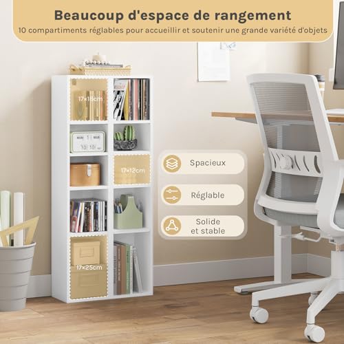 Woltu Cube Shelf with 10 Compartments - Narrow High Bookcase - White - 19.5 x 17 x 92.5 cm