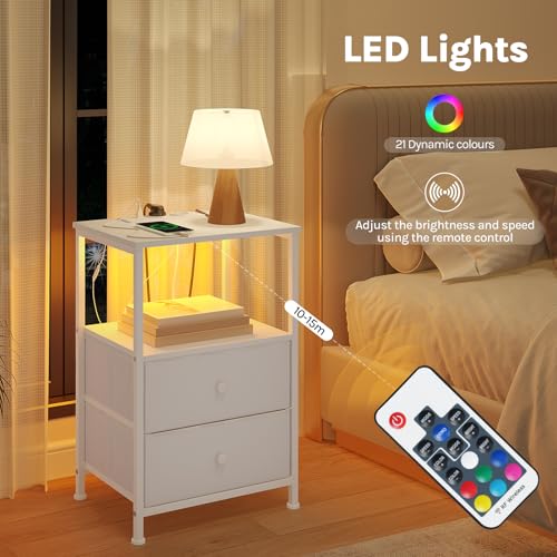 Table de nuit Woltu avec station de recharge et éclairage LED - Blanc - Lot de 2