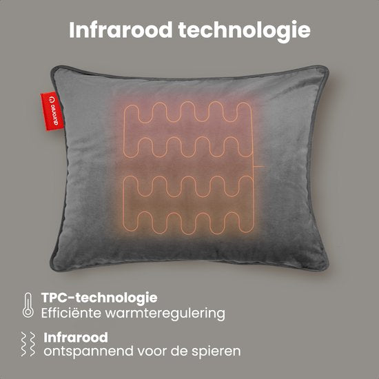 Auronic Heat Pillow - Velours - 45x60 - Sans fil - Rechargeable - Oreiller électrique - Infrarouge - Gris