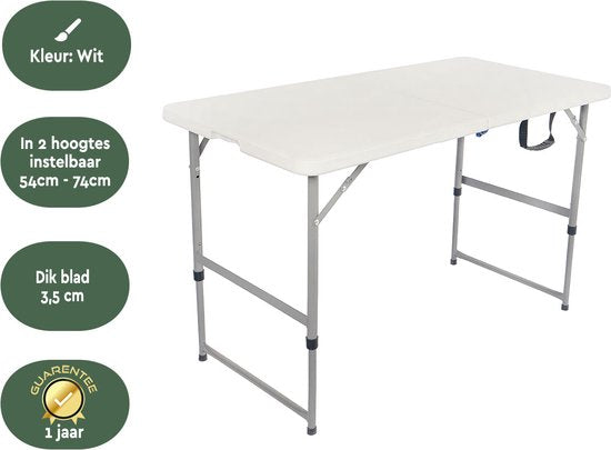 BRASQ Table pliante blanche - 120x60x74cm - Table de camping - Table pliante - Pliable - Résistante aux intempéries