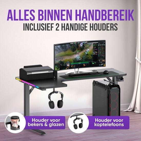 Avalo - Gaming Desk & L-Shaped Corner Desk - 160x100x75 cm - Avec éclairage LED RGB - Porte-gobelet et crochet pour casque - Acier inoxydable & ABS - Noir