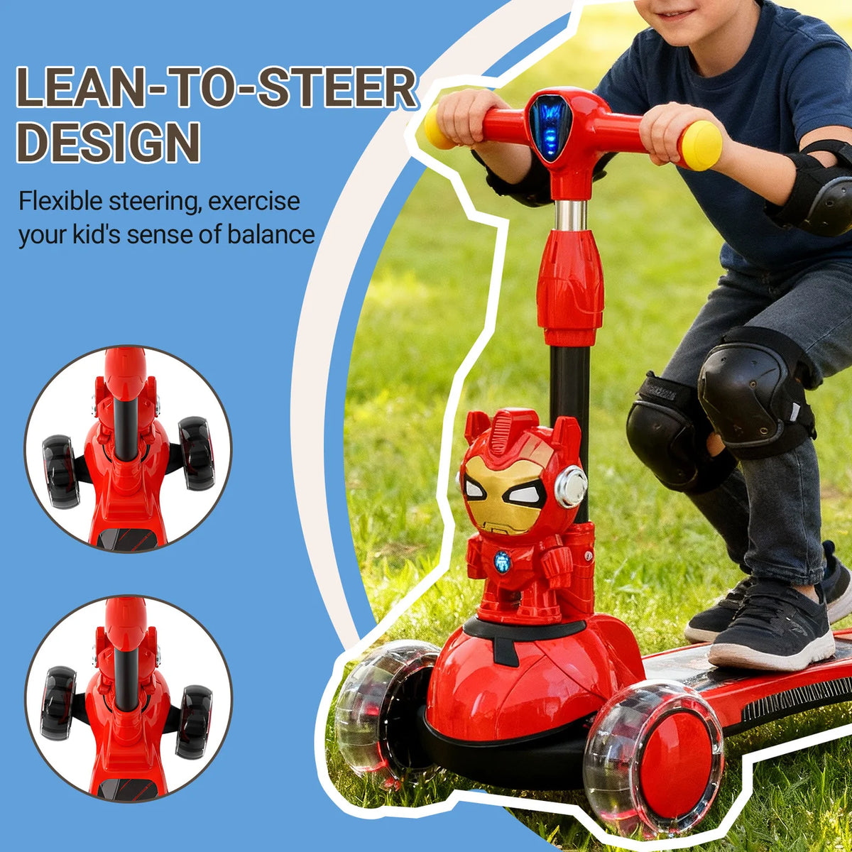 Trottinette pour enfants Neuleb Vedes à 3 roues - Roues lumineuses - Guidon réglable - Pour les enfants de 3 à 10 ans