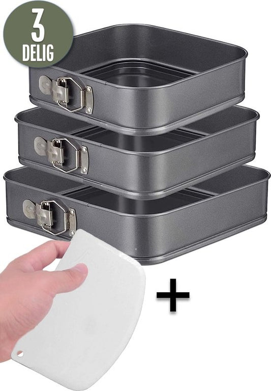 COOCK 3-Piece Baking Tray Set Square- Springform - Cake Tray Rectangle with Non-stick Coating - 24 to 28 Cm Diameter -Cake Pan Incl. Dough Scraper & E-Book