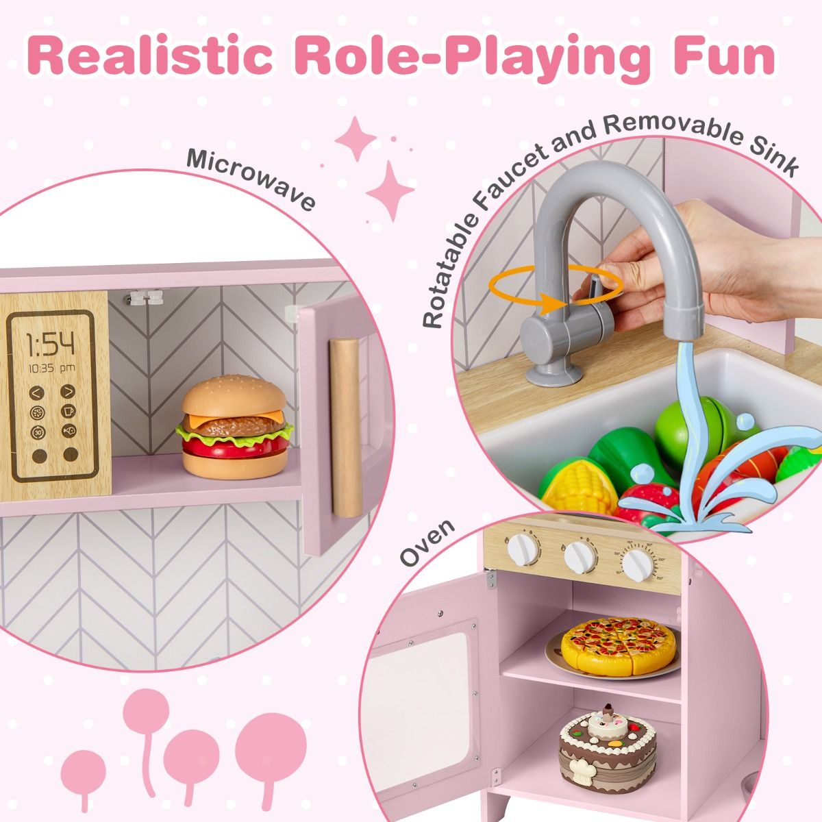 Cuisine jouet en bois Coast pour enfants - lumières et sons - micro-ondes et four - rose