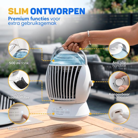 Vulpes Goods® Tech - Mini climatiseur ELITE - Refroidisseur d'air mobile avec télécommande - Refroidisseur d'air 6 en 1 - 3 modes d'humidification avec fonction oscillante - 3 vitesses de ventilation - 100 % anti-fuites - Câble et adaptateur fournis - Pou