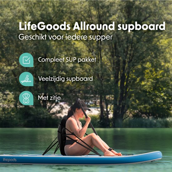 LifeGoods PaddlePro SUP Board - avec siège - Planche à pagaie gonflable - Ensemble complet - Max. 135KG - 320x81cm - Blanc/Bleu ciel