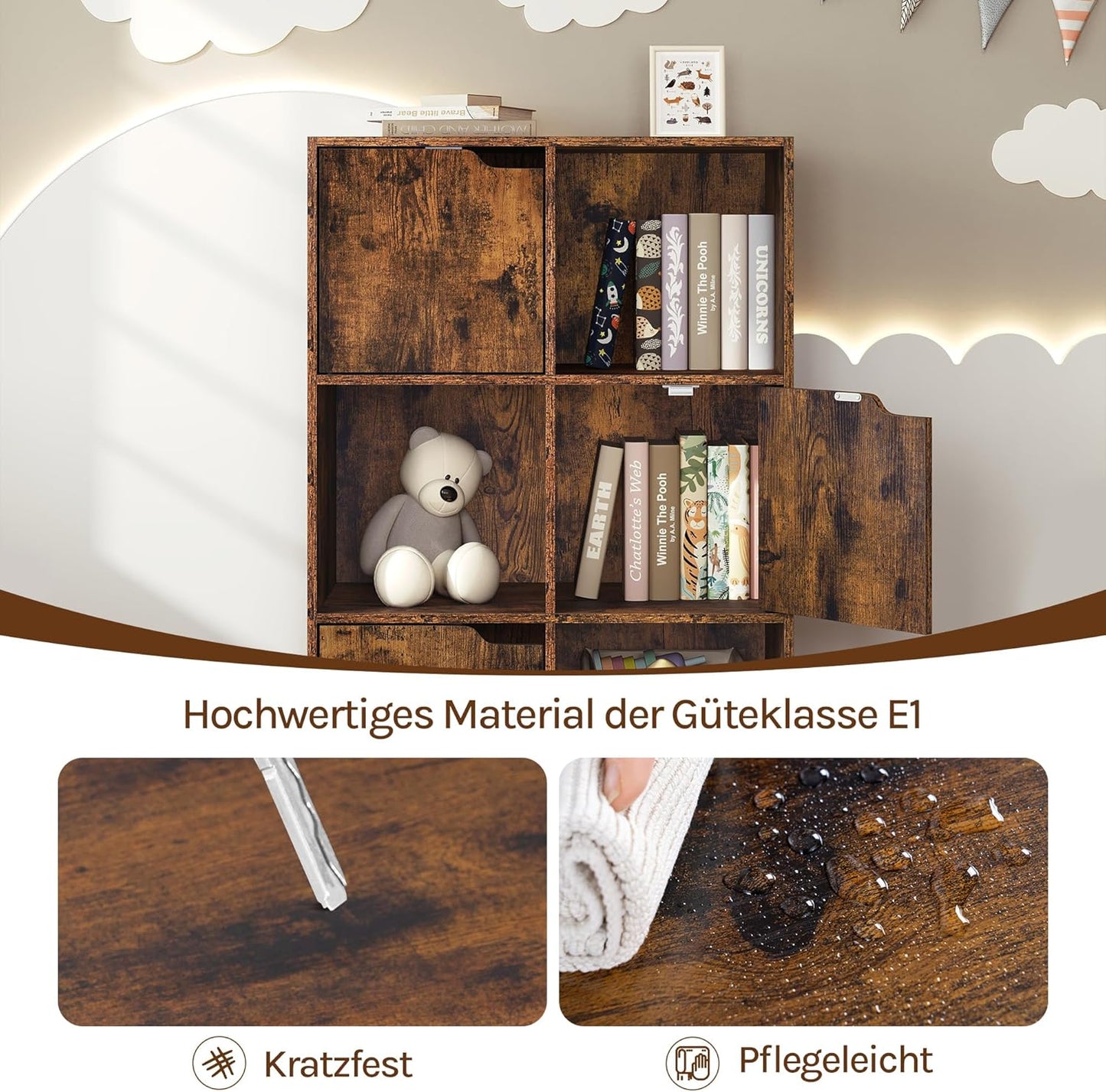 Woltu 6-Drawer Bookcase with Doors - Rustic Brown - 59,6 x 29 x 91 cm - Meuble de rangement avec 6 compartiments pour le salon, le bureau et la chambre à coucher