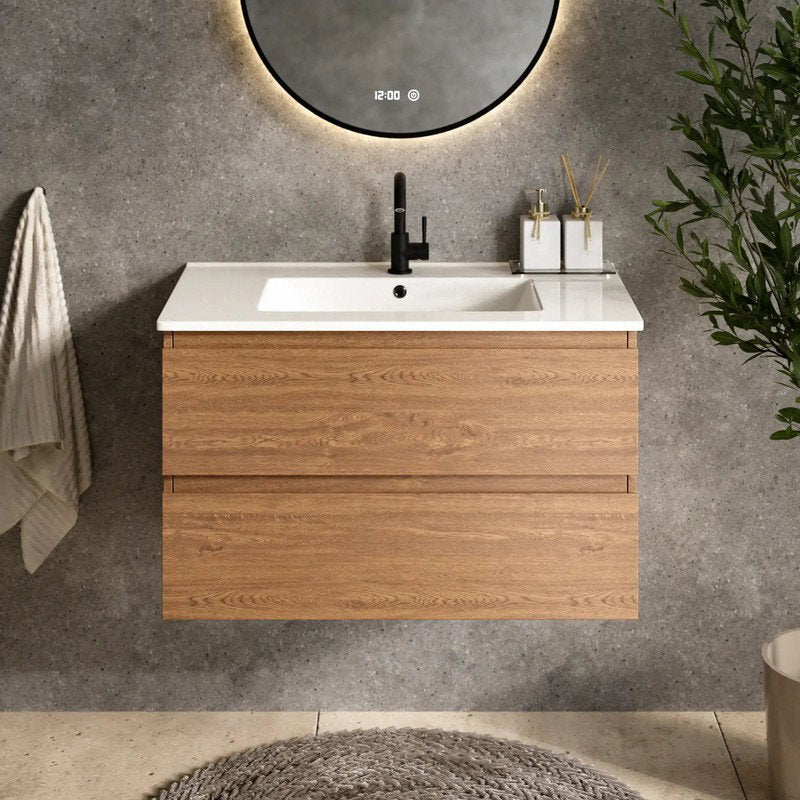 Meuble de salle de bains Mirlux Luma 80 cm - Chêne chaud - Lavabo blanc