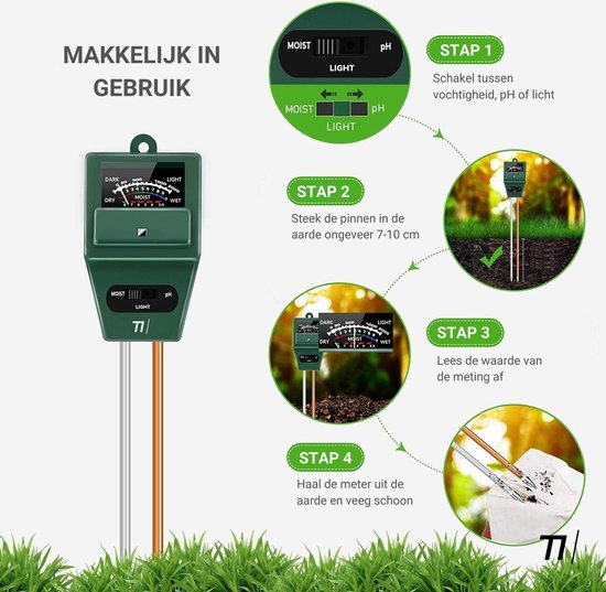 TIKKENS® Humidimètre de sol Plantes - Humidimètre pour plantes - pH et photomètre - 3 en 1 - Fleurs/Plantes - Analyses de sol de jardin - Humidimètres