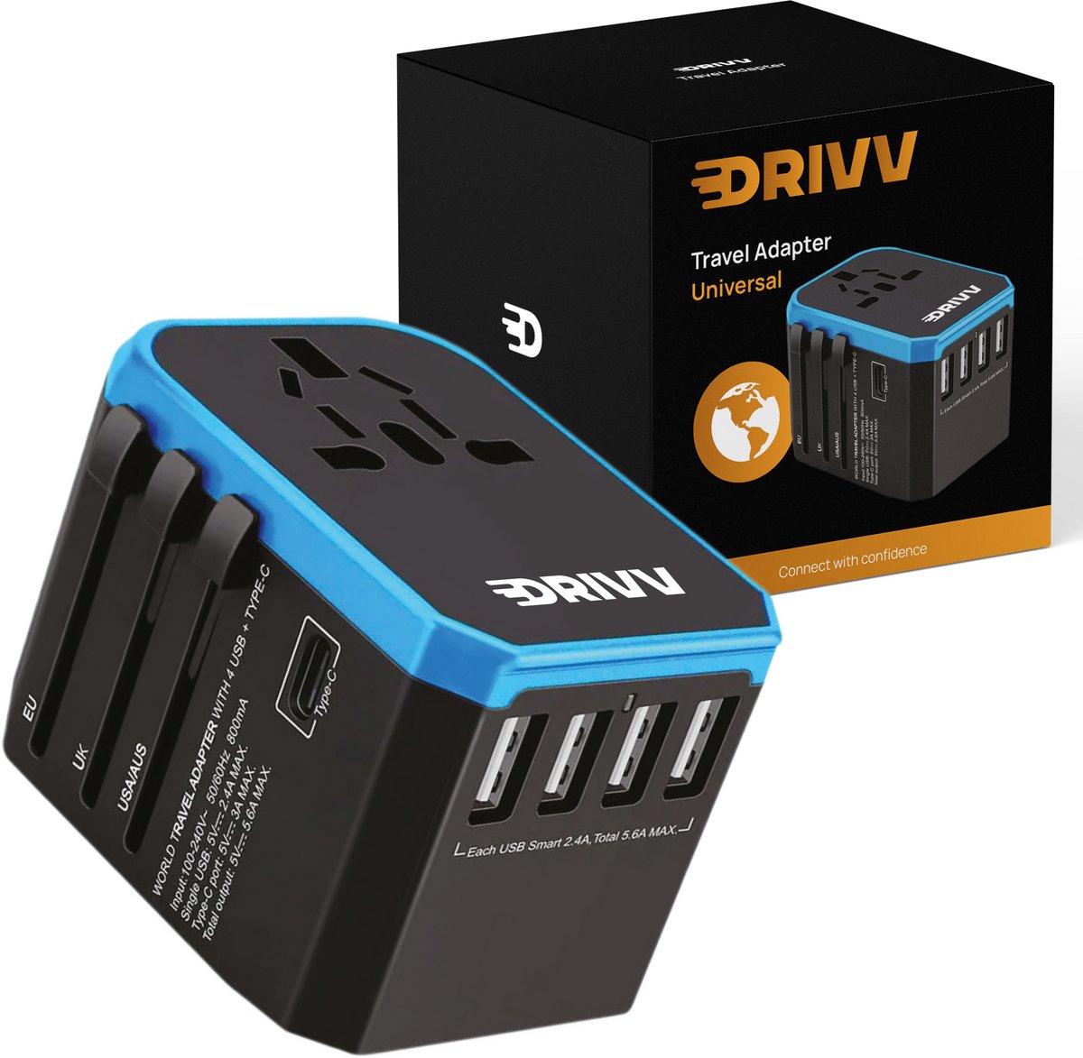 Drivv. Adaptateur universel - 4 ports USB et 1 port USB-C à chargement rapide - Adaptateur de voyage pour les États-Unis / l'Angleterre / le Royaume-Uni / le Canada / l'Afrique / le Japon / le Mexique / la Thaïlande / l'Amérique du Sud - Types A, B, C, E,