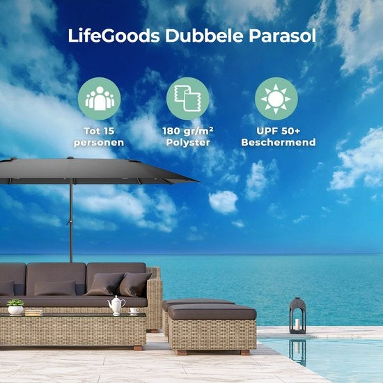 LifeGoods Parasol double - 270x460cm - jusqu'à 15 personnes - imperméable - avec housse - Gris foncé