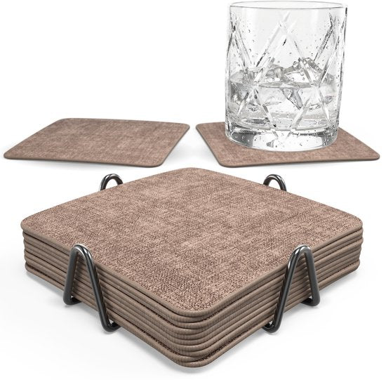 Sous-verres en simili cuir Castagnola – Sous-verres pour verres – Sous-verres design avec support – Lot de sous-verres en cuir avec support métallique – Cuir – Lot de 10 – Marron chiné – 10 x 10 cm